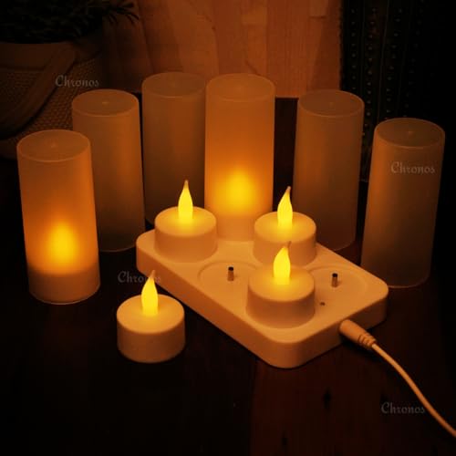 Chronos LED Rechargeable Flameless Tealight, Flickering Tealight Candles White Base with Charging Station (Pack of 6) - Image 1