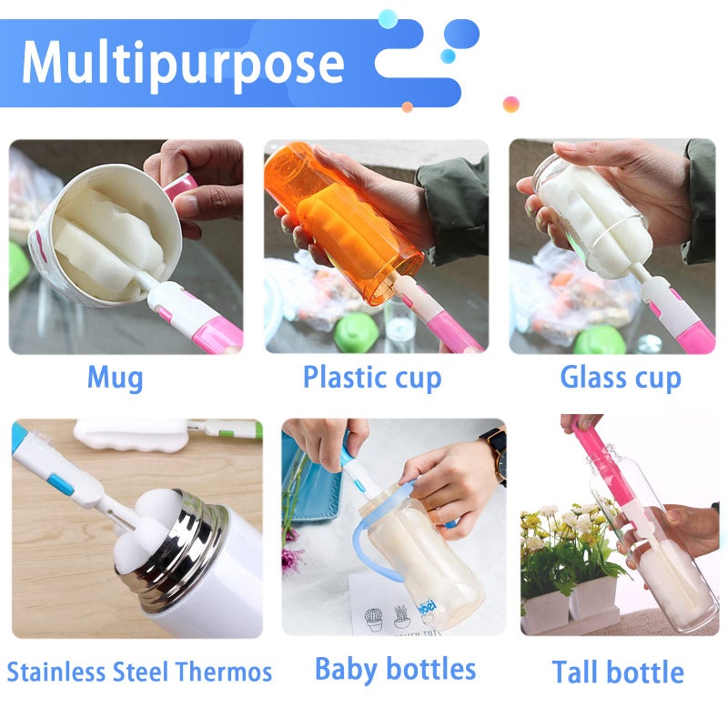 INVODA Bottle Brush Sponge Cup Brush Set with 4 Replacement Brush Head Portable Long Handle Water Bottle Cleaner Brush, for Baby Bottles Vacuum Flasks (4 Brushes + 4 Heads) - Image 2