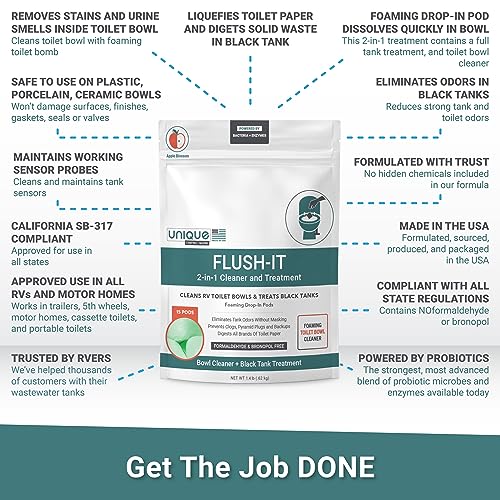 Unique علاج خزان الصرف الصحي الأسود 2 في 1 من يونيك وتنظيف وعاء المرحاض، كبسولات فوم 15، علاج كامل لخزان الصرف الصحي الأسود، ينظف مراحيض المركبات الترفيهية، يذيب النفايات، يمنع الانسداد - Image 4