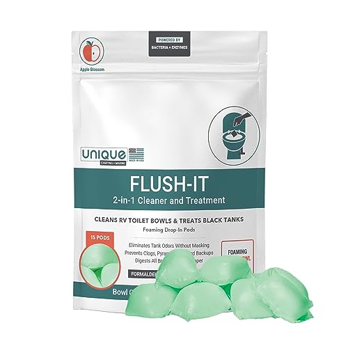 Unique علاج خزان الصرف الصحي الأسود 2 في 1 من يونيك وتنظيف وعاء المرحاض، كبسولات فوم 15، علاج كامل لخزان الصرف الصحي الأسود، ينظف مراحيض المركبات الترفيهية، يذيب النفايات، يمنع الانسداد - Image 1