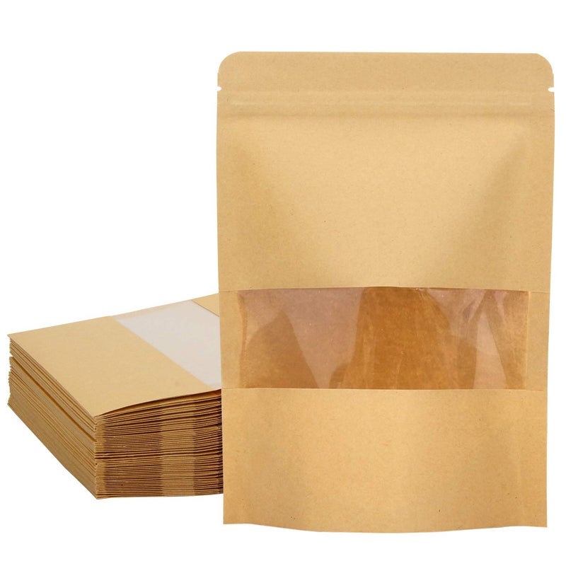 Blisstime 50 Pack Kraft Paper Stand Up Pouch Bags Resealable Bag with Transparent Window and Tear Notch for Multipurpose Storage 55 X 79 Inches