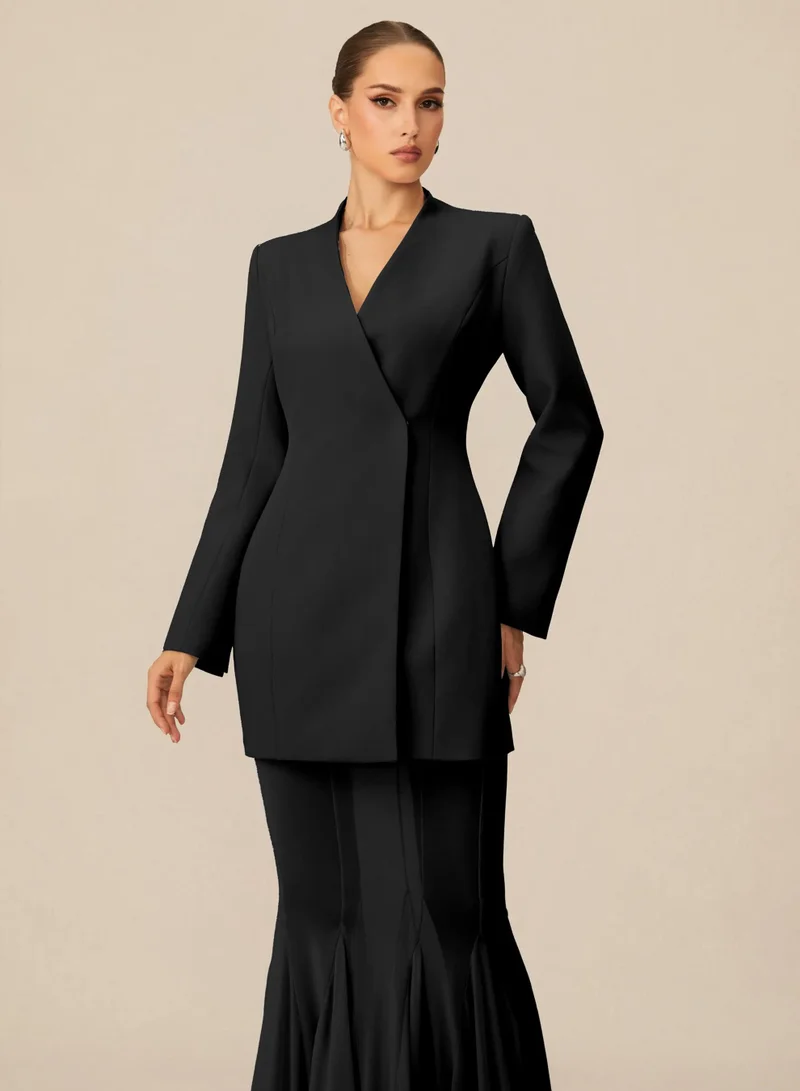 Sunfere Black Myra Asymmetric Tailored Blazer & Sheer Mesh Skirt Set for Women | Best Price UAE