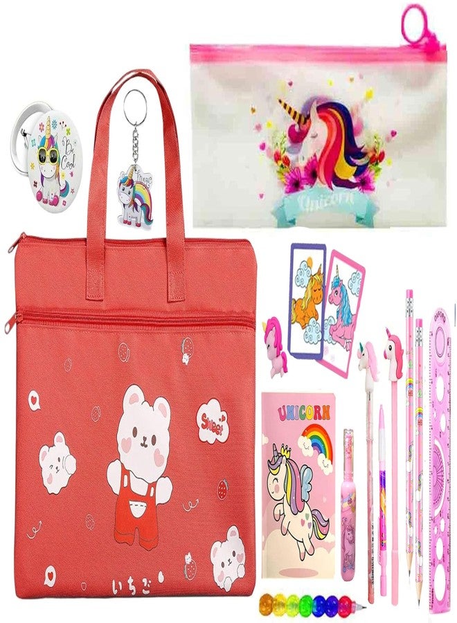 Neel Unicorn Them All Stationery for Girls/Kids | Cute Bear File Bag Combo with Pencil, Eraser,Sharpener, Ruler, Pen, Diary & Keychain Unicorn Return Gift Set for Girls