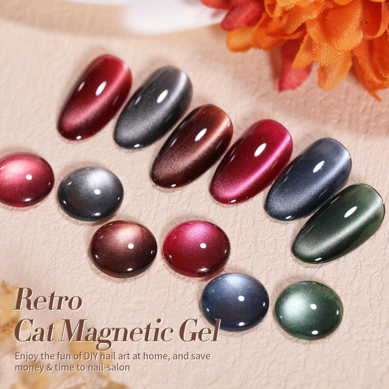 Born Pretty Cat Magnetic Eye Gel Nail Polish, Fall Winter Retro Cat Magnetic Gel, Pink Brown Blue Gray Green Magnetic Soak Off Nail Art Salon Manicure Home Gift 7ML 6PCS - Image 2