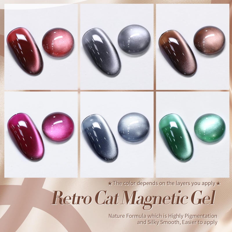 Born Pretty Cat Magnetic Eye Gel Nail Polish, Fall Winter Retro Cat Magnetic Gel, Pink Brown Blue Gray Green Magnetic Soak Off Nail Art Salon Manicure Home Gift 7ML 6PCS - Image 3