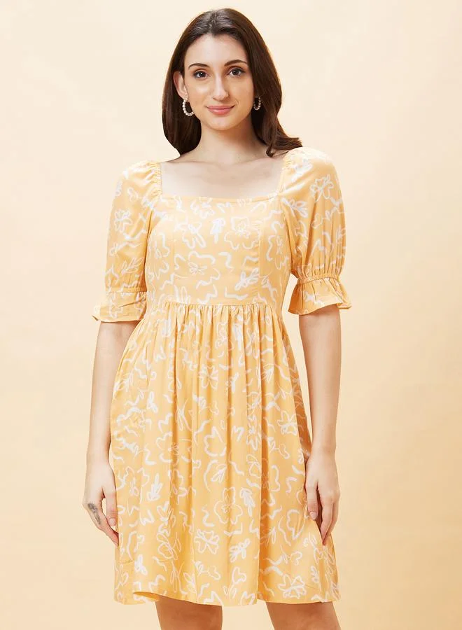 globus Globus Women Peach Floral Printed Square Neck A-Line Mini Dress