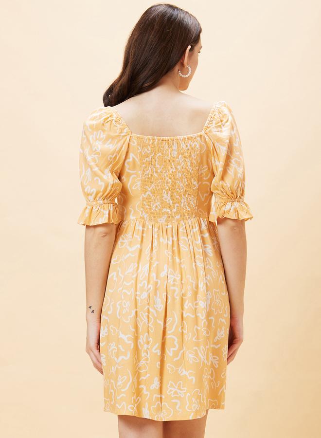 Globus Women Peach Floral Printed Square Neck A-Line Mini Dress - Image 4