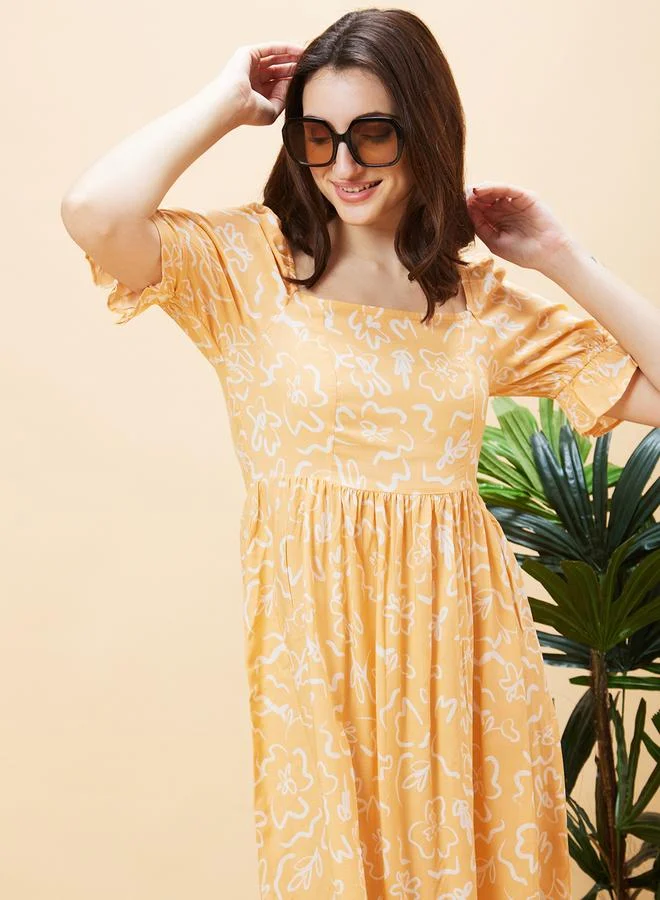 globus Globus Women Peach Floral Printed Square Neck A-Line Mini Dress