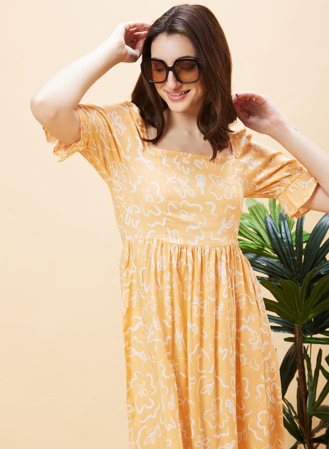 Globus Women Peach Floral Printed Square Neck A-Line Mini Dress - Image 1