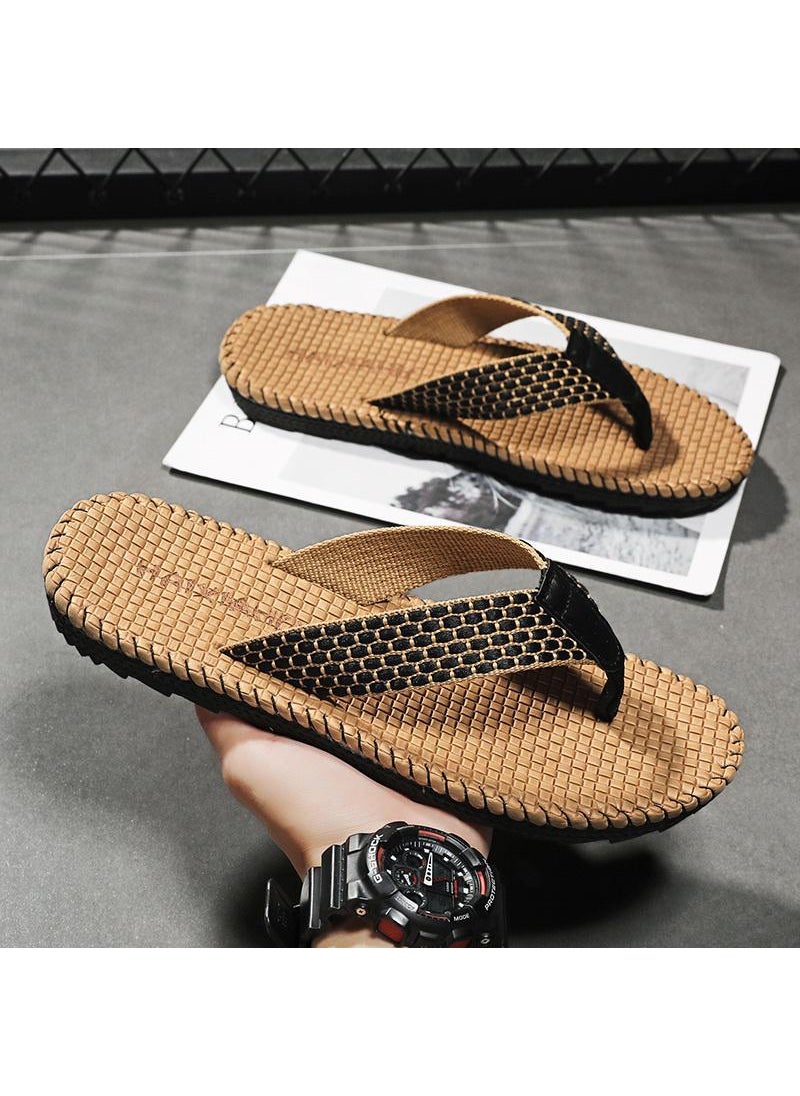 Generic 2024 Special Offer Mens Slippers Summer Outer Wear Beach Casual Classic Woven Flip Flops Non-Leather Leather Splice Casual Shoe Khaki 