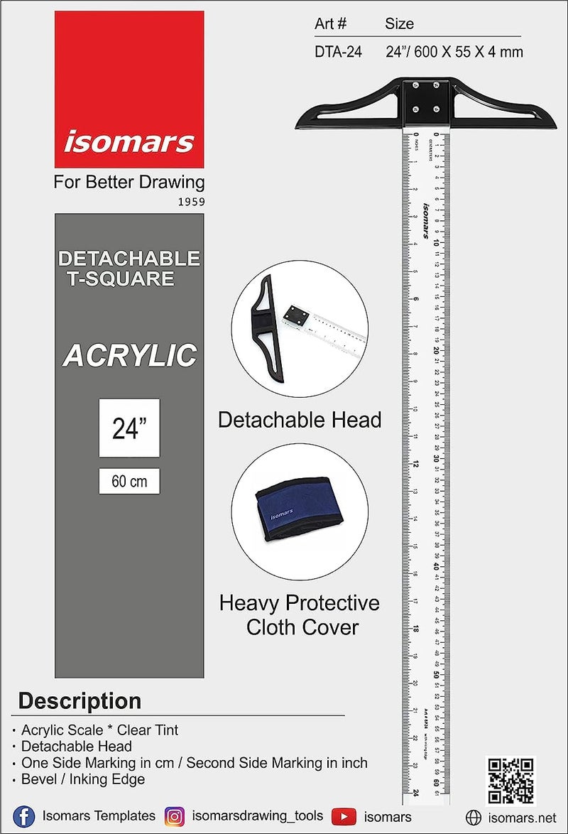 Isomars T Square – 24 Inch Detachable Scale for Technical Drawing, Drafting & Engineering | Comes with Detachable Head for Precision and Portability - Image 5