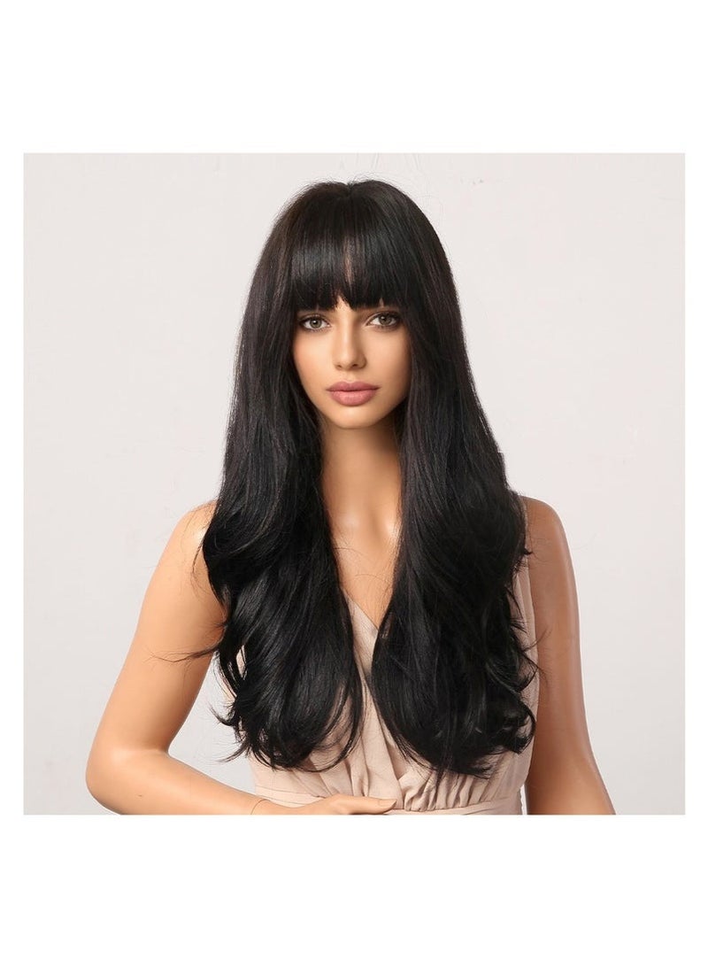 جلامكيت شعر مستعار مجعد طويل مع انفجارات للنساء، طول متوسط وأطراف مجعدة، مصنوع من ألياف اصطناعية طبيعية ومقاومة للحرارة تشبه الشعر الحقيقي، مناسب للاستخدام اليومي والحفلات والأزياء والتنكر، بطول - Image 2