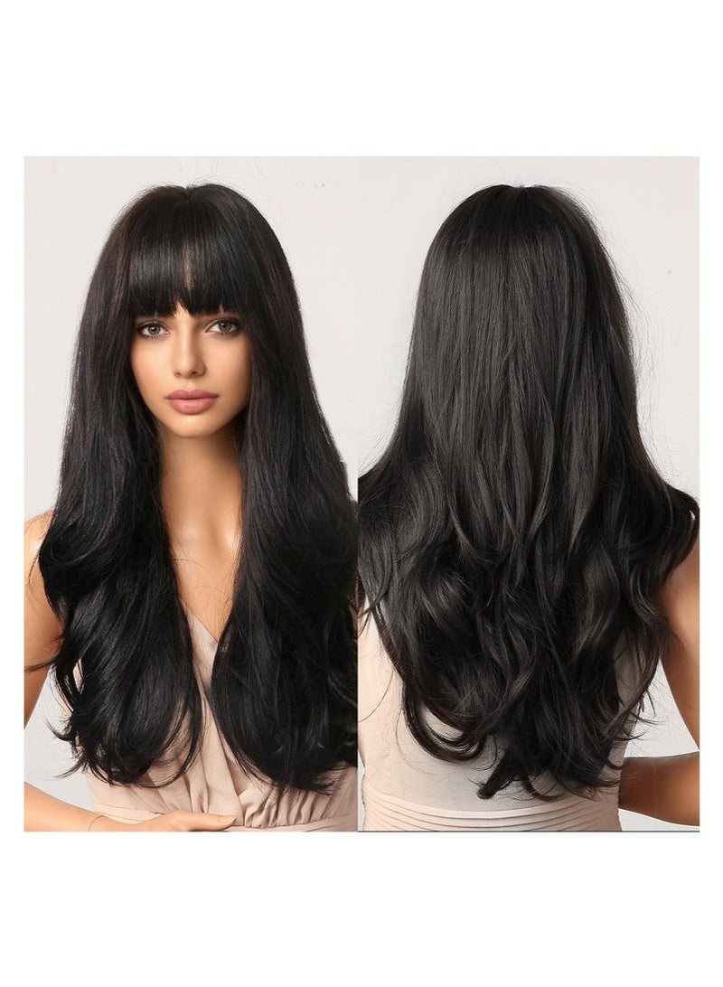 جلامكيت شعر مستعار مجعد طويل مع انفجارات للنساء، طول متوسط وأطراف مجعدة، مصنوع من ألياف اصطناعية طبيعية ومقاومة للحرارة تشبه الشعر الحقيقي، مناسب للاستخدام اليومي والحفلات والأزياء والتنكر، بطول - Image 1