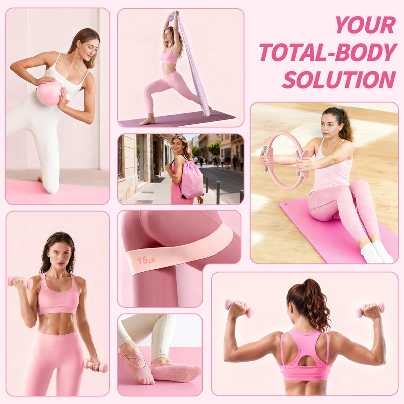 NANATI Pilates Kit 17PCS,Pilates Essential Kit for Women, Pilates Equipment with 14.5" Pilates Ring and Ball,8 Resistance Bands,Dumbbells & Grip Socks Accessories, Home Pilates Workout Kit for Starter - Image 2