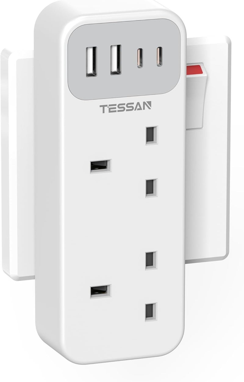 تيسان محول قابس مزدوج مع 4 منافذ USB (2 منفذ USB-C)، محول تمديد متعدد القوابس ثنائي الاتجاه من ، مقبس تمديد طاقة متعدد القوابس بفيوز SA 13A للمنزل والمطبخ والمكتب والمستلزمات المدرسية - Image 1