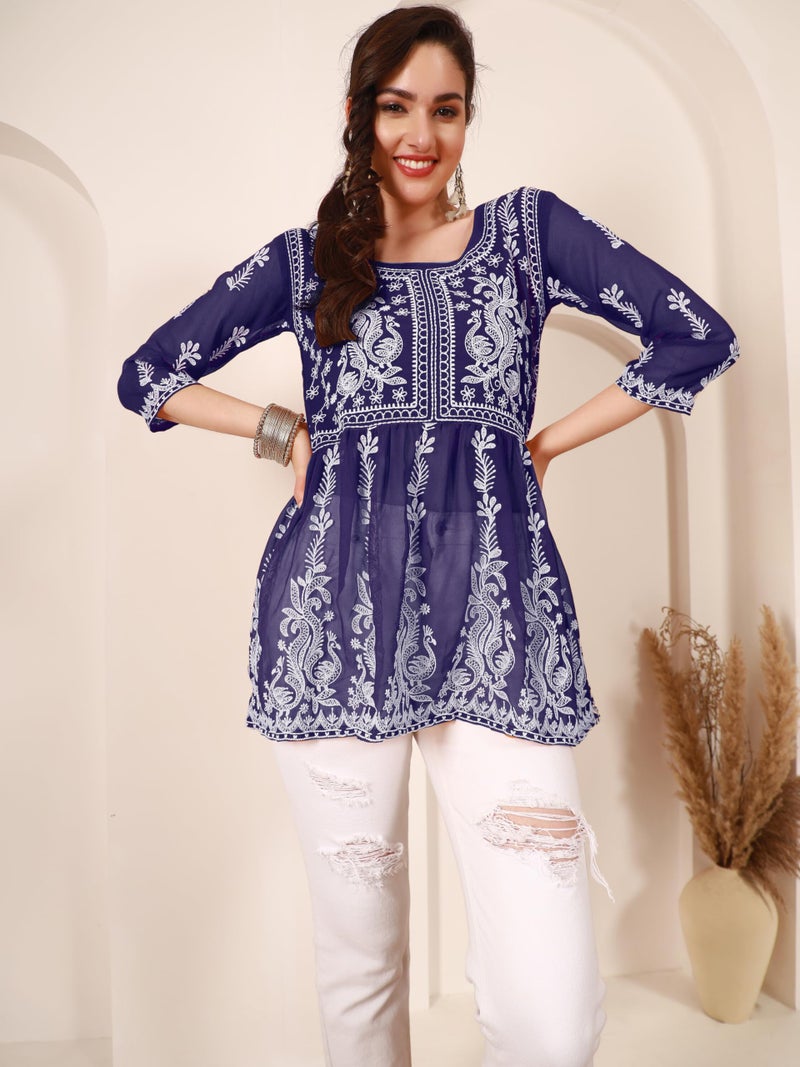 EthnicJunction Georgette Women Chikan Embroidery Short A-Line Kurti | Summer Kurti | Short Kurti for Women | Top for Office | Women's Tunics Tops | Kurta Shirt Top | Regular Fit Top Navy - Image 4