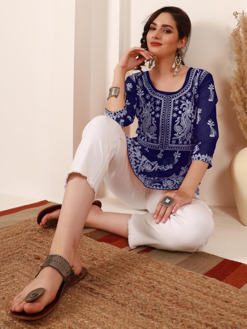 EthnicJunction Georgette Women Chikan Embroidery Short A-Line Kurti | Summer Kurti | Short Kurti for Women | Top for Office | Women's Tunics Tops | Kurta Shirt Top | Regular Fit Top Navy - Image 3