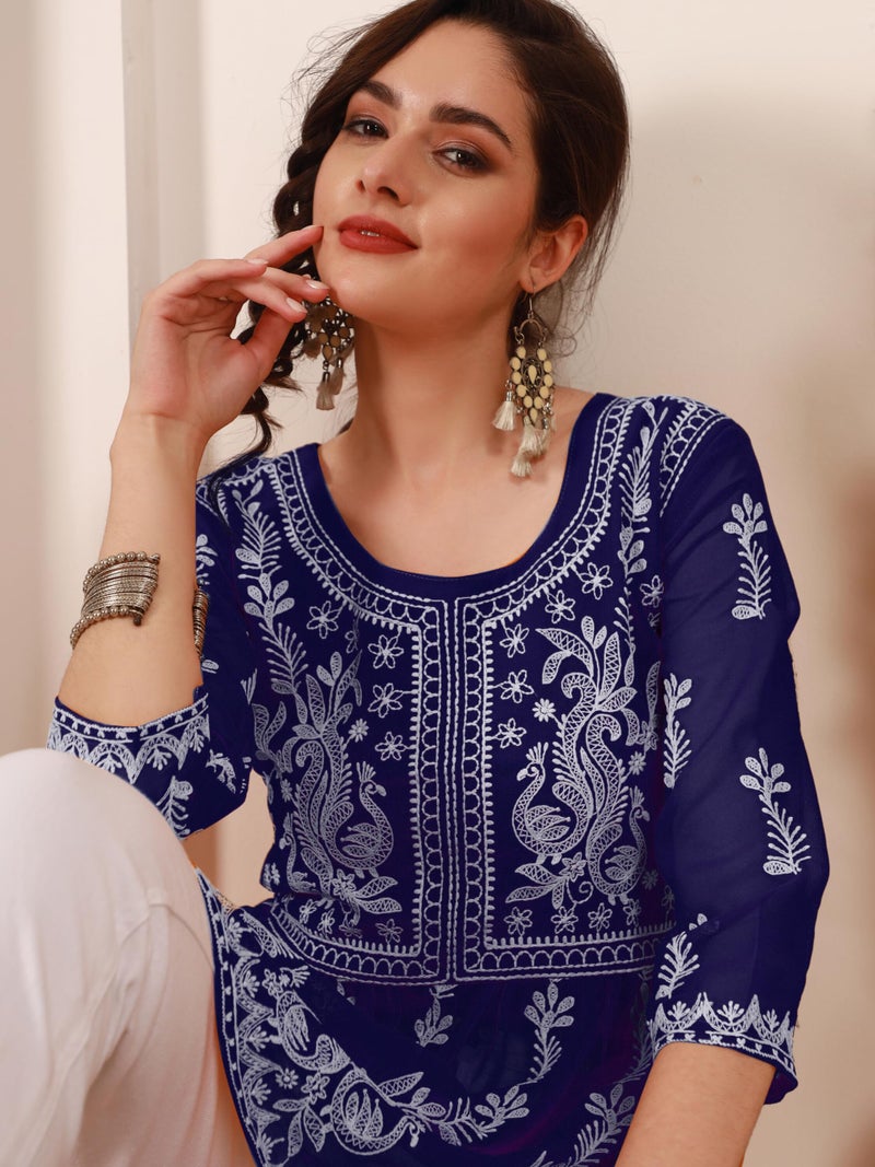 EthnicJunction Georgette Women Chikan Embroidery Short A-Line Kurti | Summer Kurti | Short Kurti for Women | Top for Office | Women's Tunics Tops | Kurta Shirt Top | Regular Fit Top Navy - Image 2