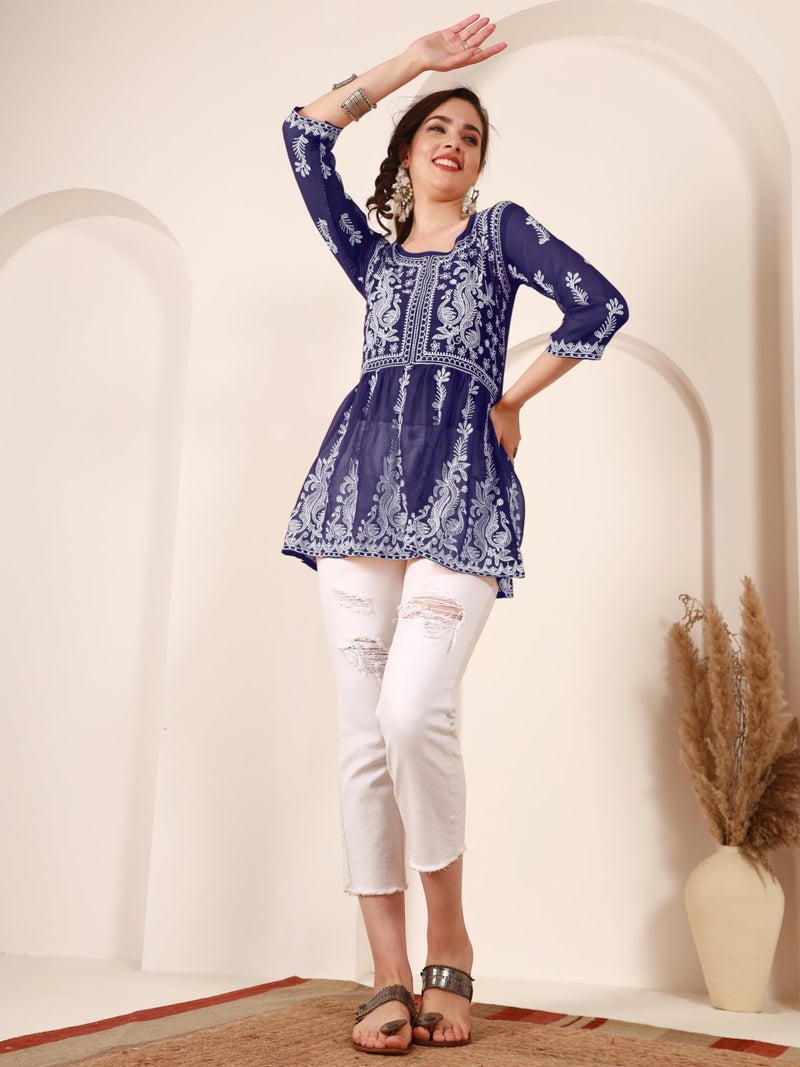 EthnicJunction Georgette Women Chikan Embroidery Short A-Line Kurti | Summer Kurti | Short Kurti for Women | Top for Office | Women's Tunics Tops | Kurta Shirt Top | Regular Fit Top Navy - Image 5