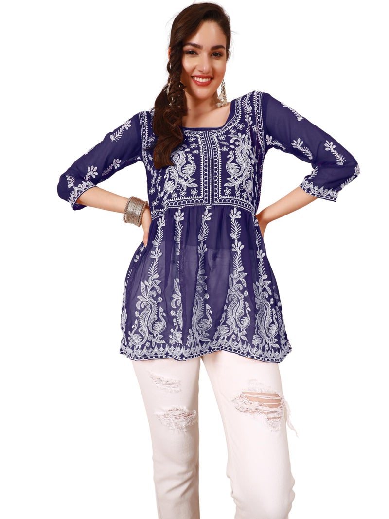 EthnicJunction Georgette Women Chikan Embroidery Short A-Line Kurti | Summer Kurti | Short Kurti for Women | Top for Office | Women's Tunics Tops | Kurta Shirt Top | Regular Fit Top Navy - Image 1