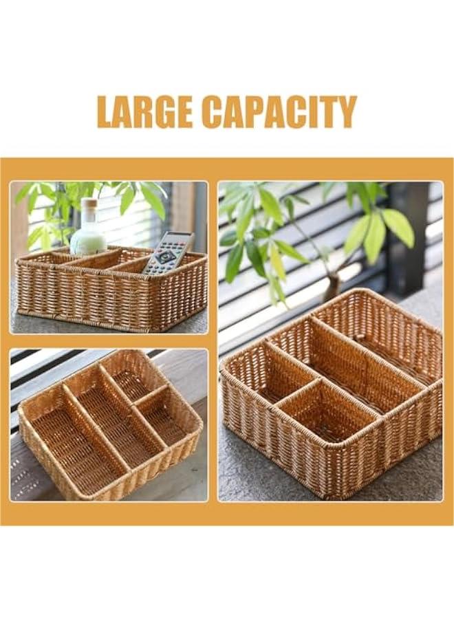 Wicker Divided Storage Basket, Rectangular Hand-woven Baskets Plastic Drawer Baskets Organizer for Organizing Cabinet Coffee Table Toilet Paper  - Image 4