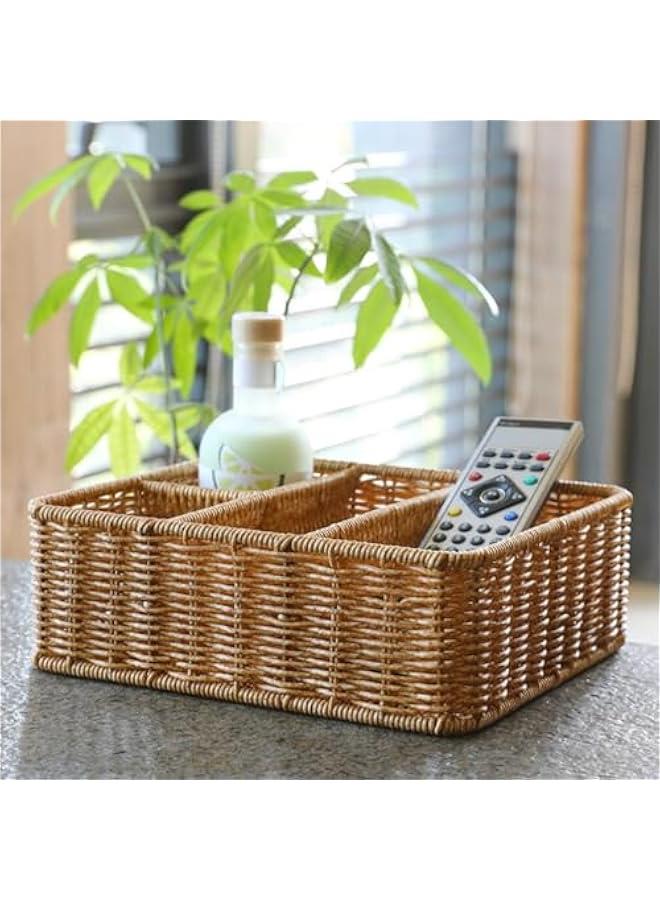 Wicker Divided Storage Basket, Rectangular Hand-woven Baskets Plastic Drawer Baskets Organizer for Organizing Cabinet Coffee Table Toilet Paper  - Image 3