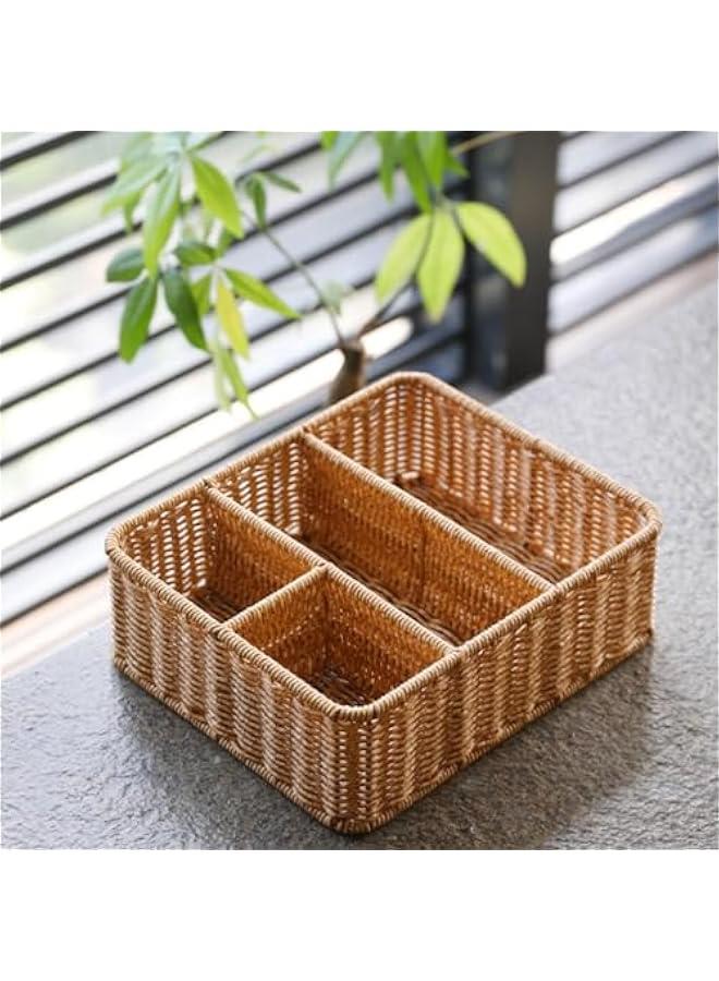 Wicker Divided Storage Basket, Rectangular Hand-woven Baskets Plastic Drawer Baskets Organizer for Organizing Cabinet Coffee Table Toilet Paper  - Image 5