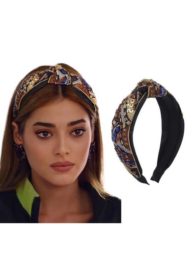 Woeoe - Bead Knotted Hair Loop Sequin No Slip Headband Crisscross Hair Band Party Festival Hair Accessories For Women Girls - Image 1