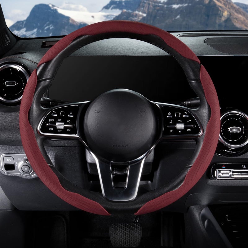 Aotoyou Car Steering Wheel Cover Leather Snap On 3Pcs Set Non-Slip Protector Wrap Steering Wheel Accessories 14.5-15 inch Universal Wine Red - Image 4