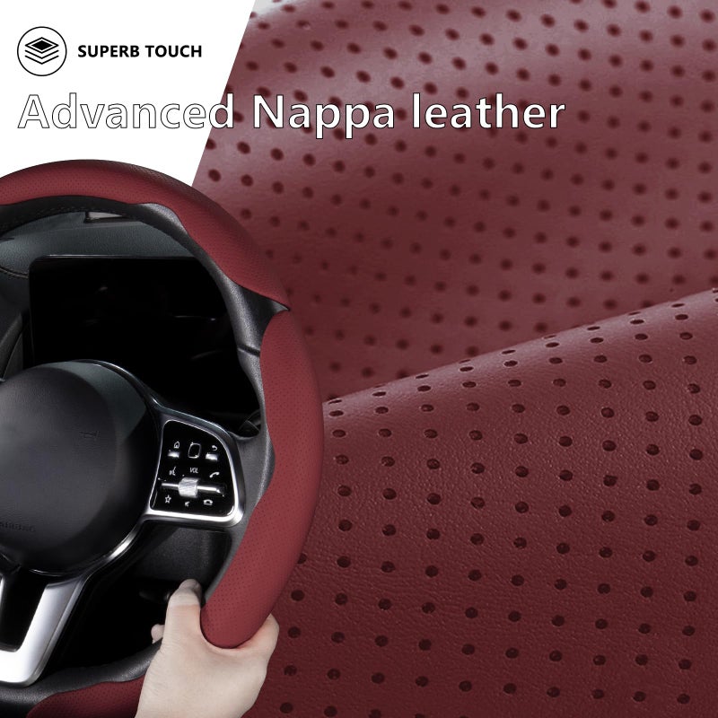 Aotoyou Car Steering Wheel Cover Leather Snap On 3Pcs Set Non-Slip Protector Wrap Steering Wheel Accessories 14.5-15 inch Universal Wine Red - Image 2