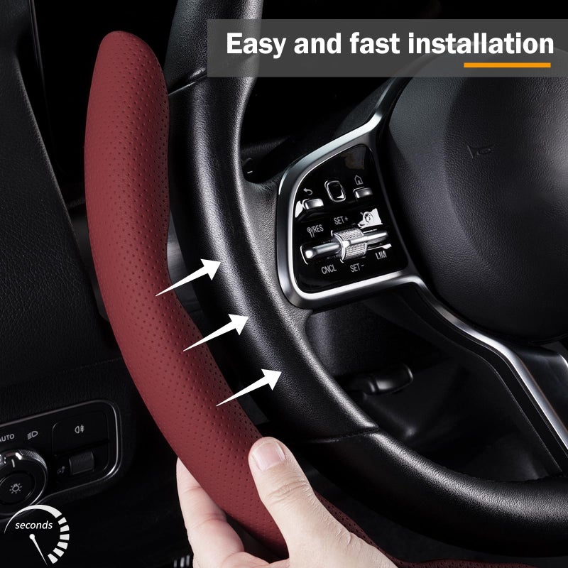 Aotoyou Car Steering Wheel Cover Leather Snap On 3Pcs Set Non-Slip Protector Wrap Steering Wheel Accessories 14.5-15 inch Universal Wine Red - Image 3
