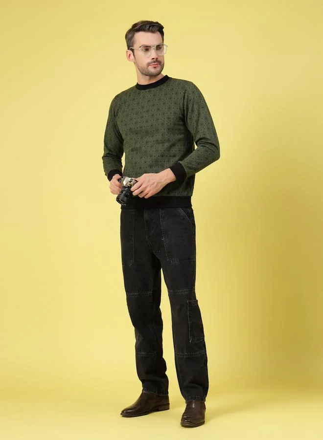 Take Two Men Olive All Over Print Fleece Sweatshirt