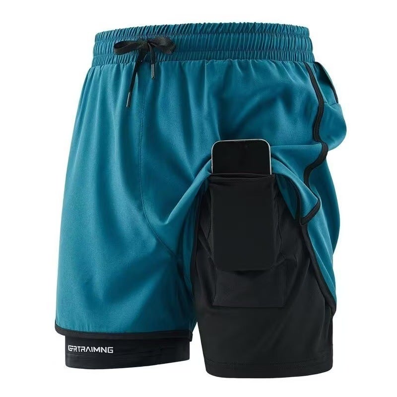 Cross-border Sports Shorts Running Special Loose Anti-slip Triple Pants Double-layer Quick-drying Workwear Casual Pants Printed Lake blue【1920】rp