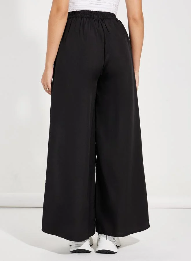 Styli Flowy Wide Leg Pants with Half Elastic Waistband
