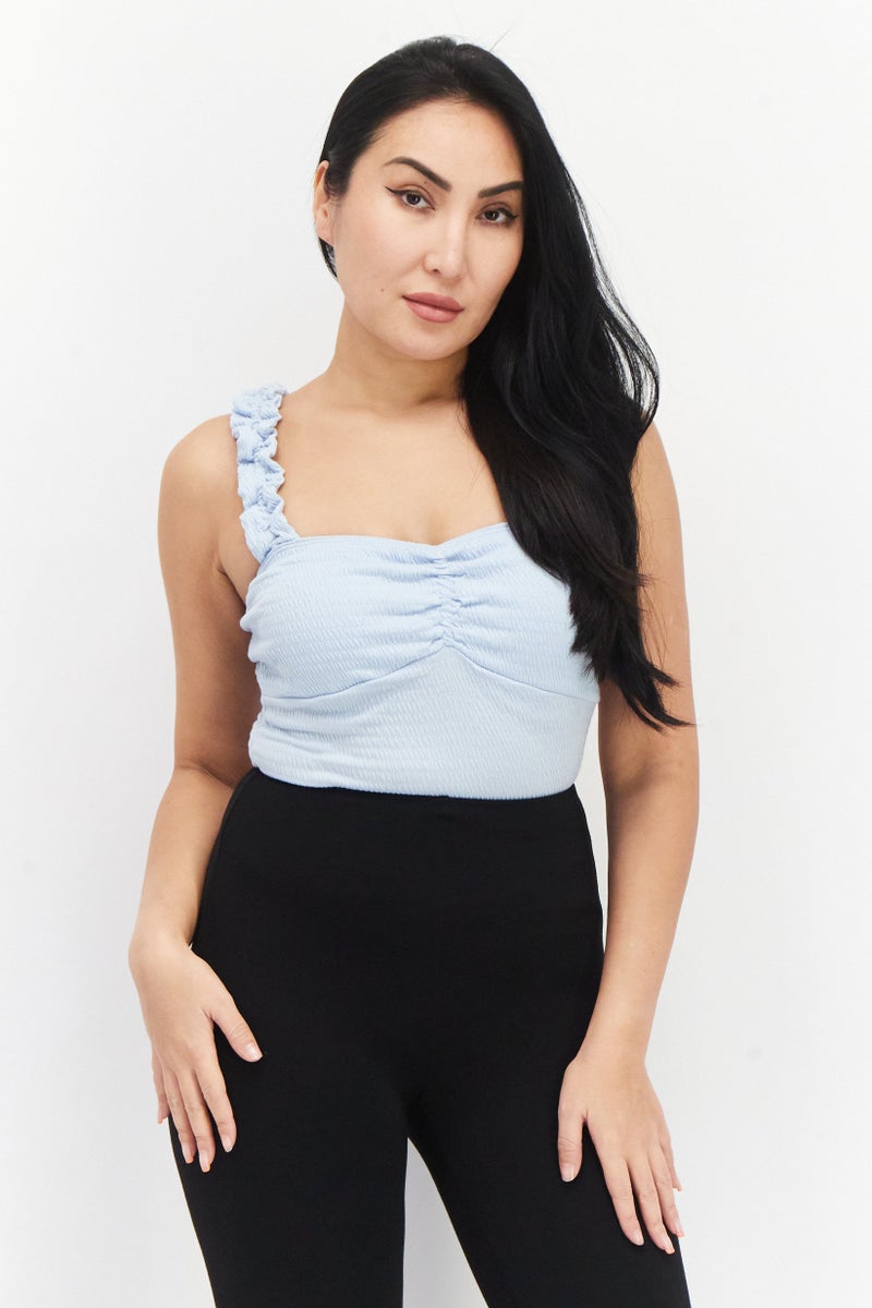 Lost + Wander Women Queen Anne Neck Sleeveless Textured Bodysuit, Light Blue - Image 1