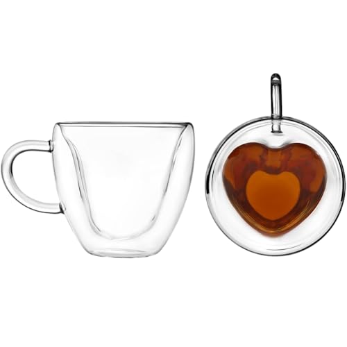 Ash  Roh Ash & Roh Heart Shape Double Walled Glass Cups, Insulated Coffee and Tea Mugs with Handle, Clear Borosilicate Cups for Hot & Iced Drinks Glass (Pack of 2, 150ml) - Image 1