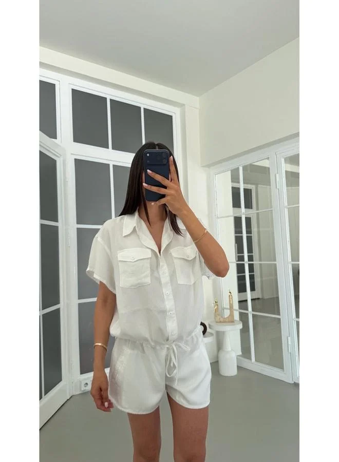 Gaus White Elastic Waist Tencel Denim Romper GAUS-01816.