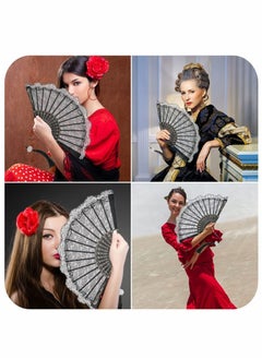 Y&D Hand Fan Folding Lace Wedding Fans with Tassel Spanish Handheld Foldable Rave for Women Girls Dress up Costume Dancing Party Decoration 9.5 Inch Black  - Image 2