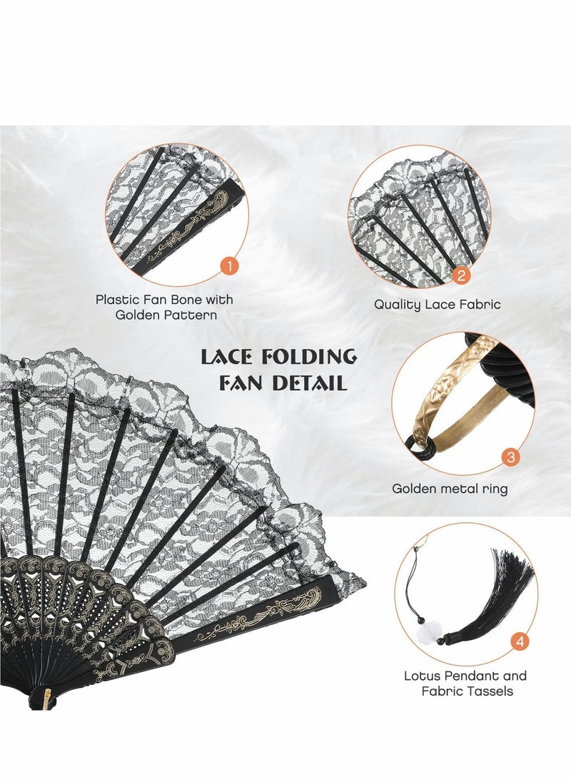 Y&D - Hand Fan Folding Lace Wedding Fans with Tassel Spanish Handheld Foldable Rave for Women Girls Dress up Costume Dancing Party Decoration 9.5 Inch Black - Image 1