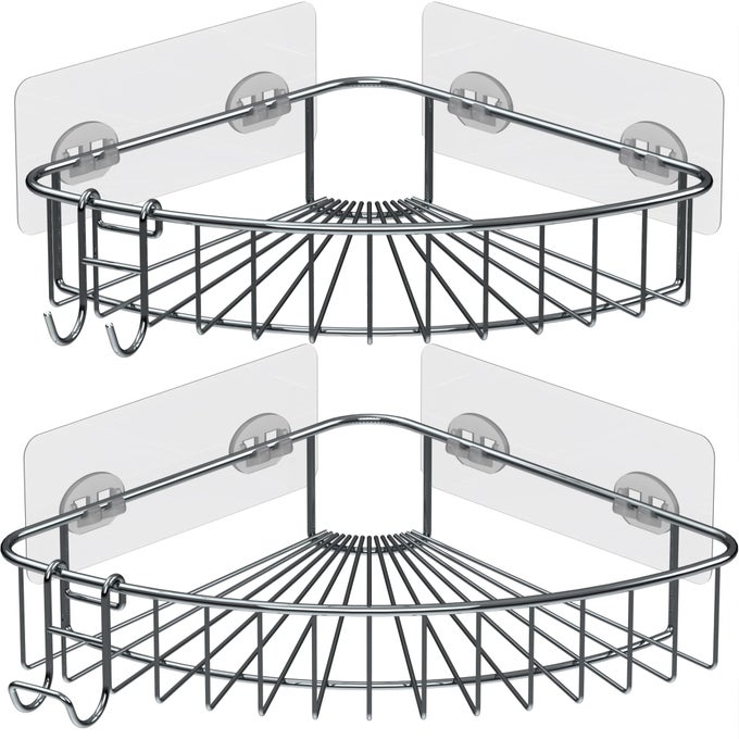 SHOWER SHELF FOR INSIDE SHOWER SHOWER SHELF CORNER SHOWER CORNER CADDY ADHESIVE SHOWER CADDY SHOWER WALL CADDY STAINLESS STEEL SHOWER CADDY SUCTION NO DRILL 2 PACK SILVER
