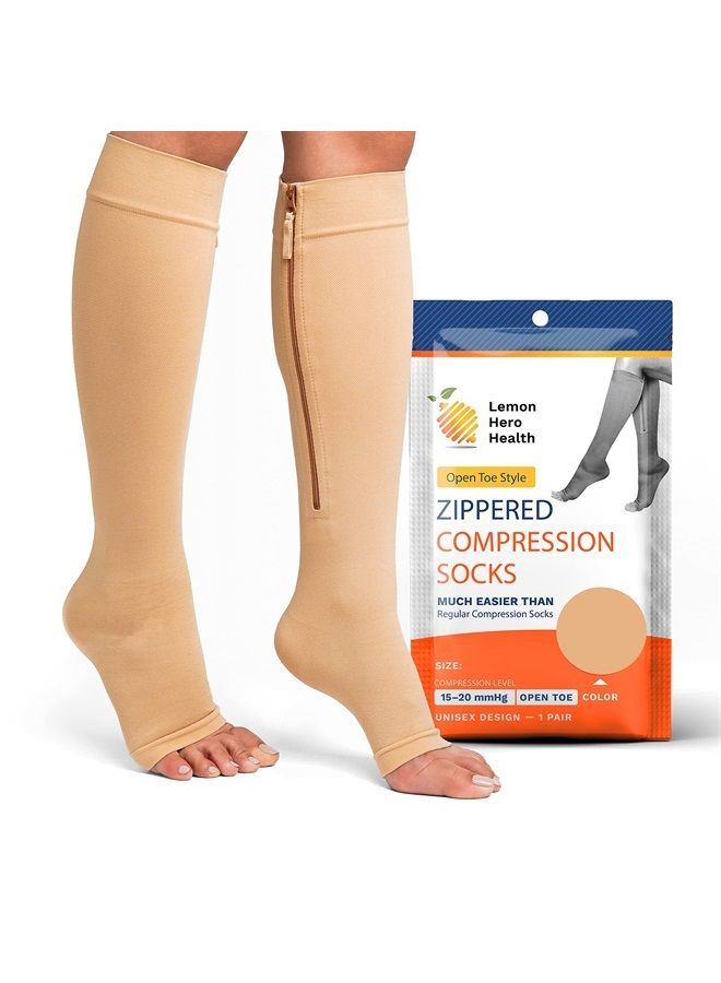 Lemon Hero Zipper Compression Socks for Women and Men Open Toe 20-30mmhg Medical Zippered Compression Socks with Zip Guard for Skin Protection (5XL, Beige)