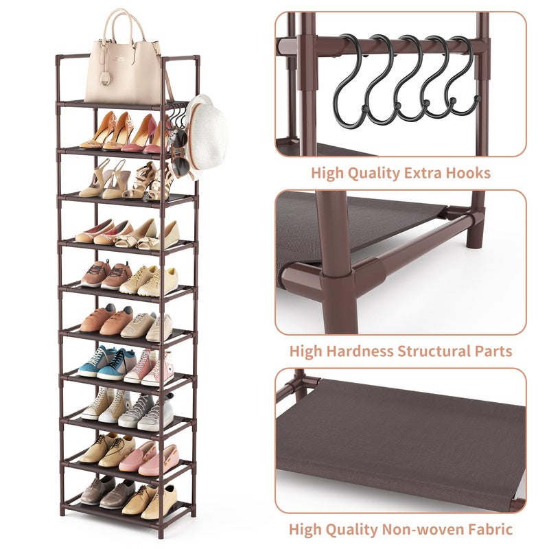 LANTEFUL 10 Tiers Tall Shoe Rack 20-25 Pairs Boots Organizer Storage Sturdy Narrow Shoe Shelf for Entryway, Closets with Hooks, Brown - Image 4