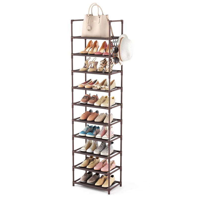 LANTEFUL 10 Tiers Tall Shoe Rack 20-25 Pairs Boots Organizer Storage Sturdy Narrow Shoe Shelf for Entryway, Closets with Hooks, Brown - Image 1