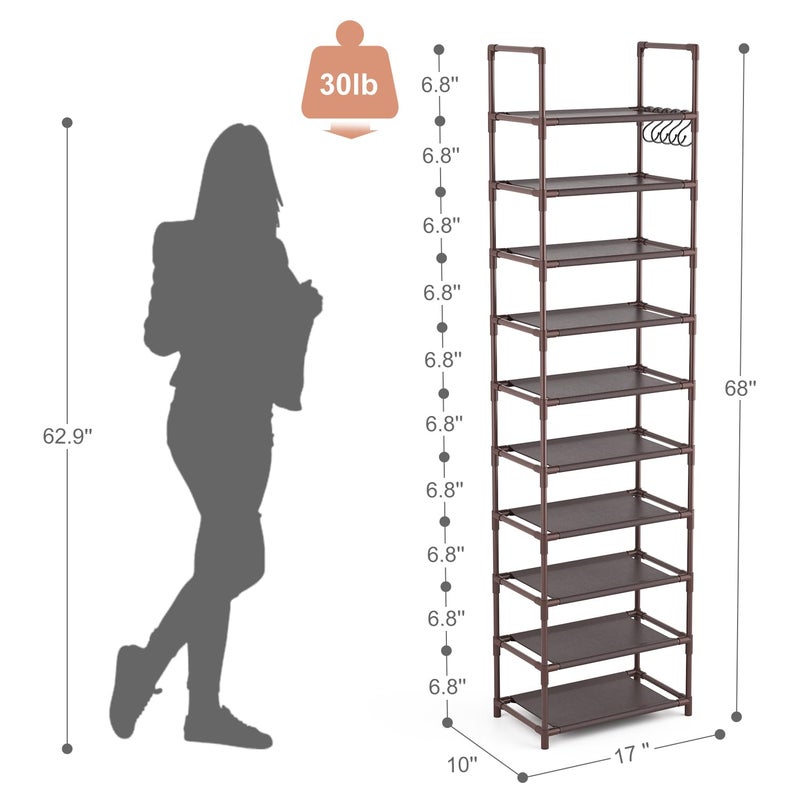 LANTEFUL 10 Tiers Tall Shoe Rack 20-25 Pairs Boots Organizer Storage Sturdy Narrow Shoe Shelf for Entryway, Closets with Hooks, Brown - Image 3