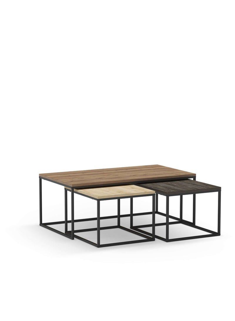 Camelia Modern Coffee Table Nesting Table 3 Pieces Centre Table For Living Room With Metal Legs| Small Spaces Sofe Table|42X110X60 Cm | Brown/Oak/Dark Brown