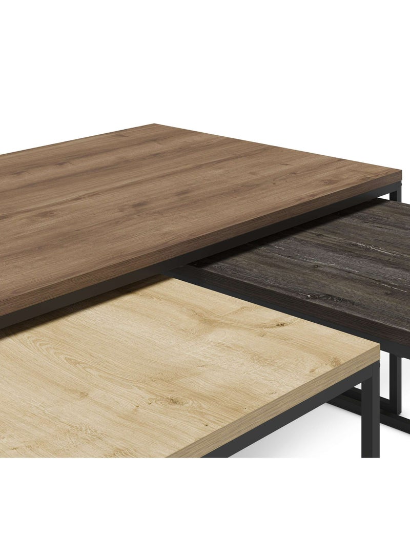 Camelia Modern Coffee Table Nesting Table 3 Pieces Centre Table For Living Room With Metal Legs| Small Spaces Sofe Table|42X110X60 Cm | Brown/Oak/Dark Brown