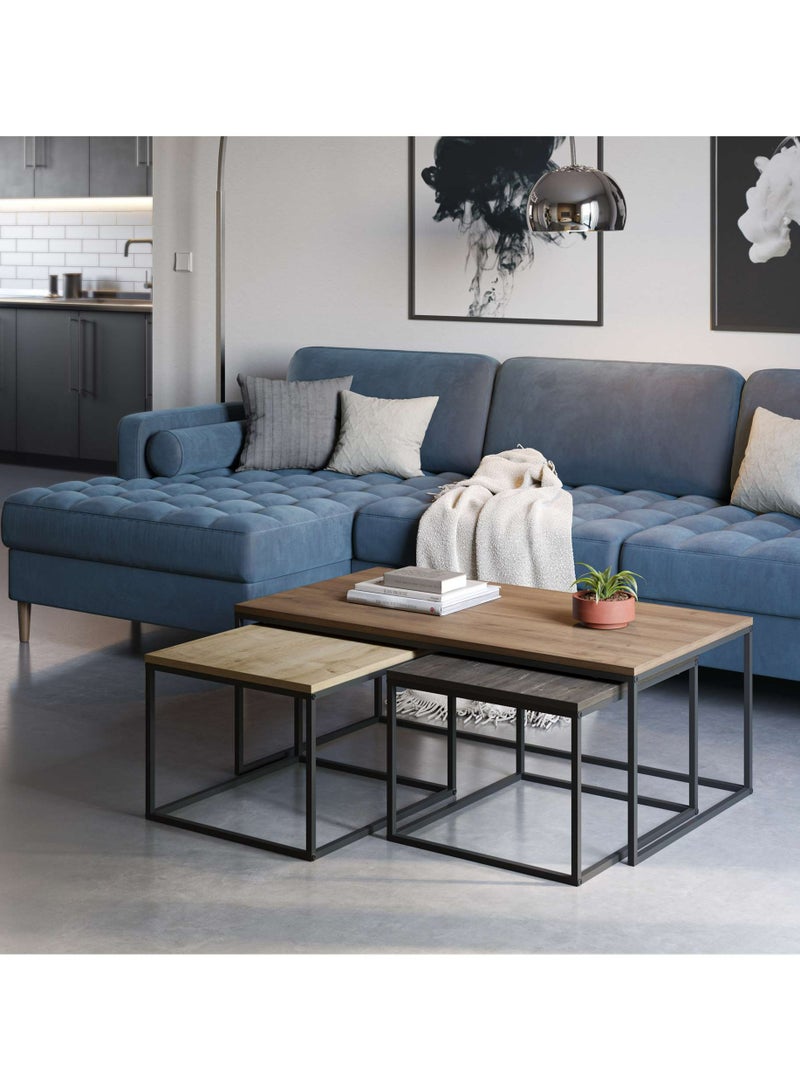 Mourah Home Camelia Modern Coffee Table Nesting Table 3 Pieces Centre Table For Living Room With Metal Legs| Small Spaces Sofe Table|42X110X60 Cm | Brown/Oak/Dark Brown  - Image 1