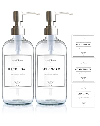 Vine Creations Clear Glass Soap Dispenser, 2 Pack Kitchen Soap Dispenser Set with Stainless Steel Pump, 16 oz Hand Soap or Dish Soap for Bathroom or Kitchen with Waterproof Labels - Image 1