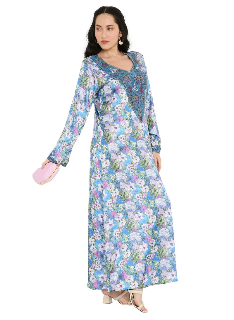 HANA & SARA UNIQUE FLORAL BEADED WITH CREATIVE PRINT DESIGN ARABIC KAFTAN JALABIYA DRESSES