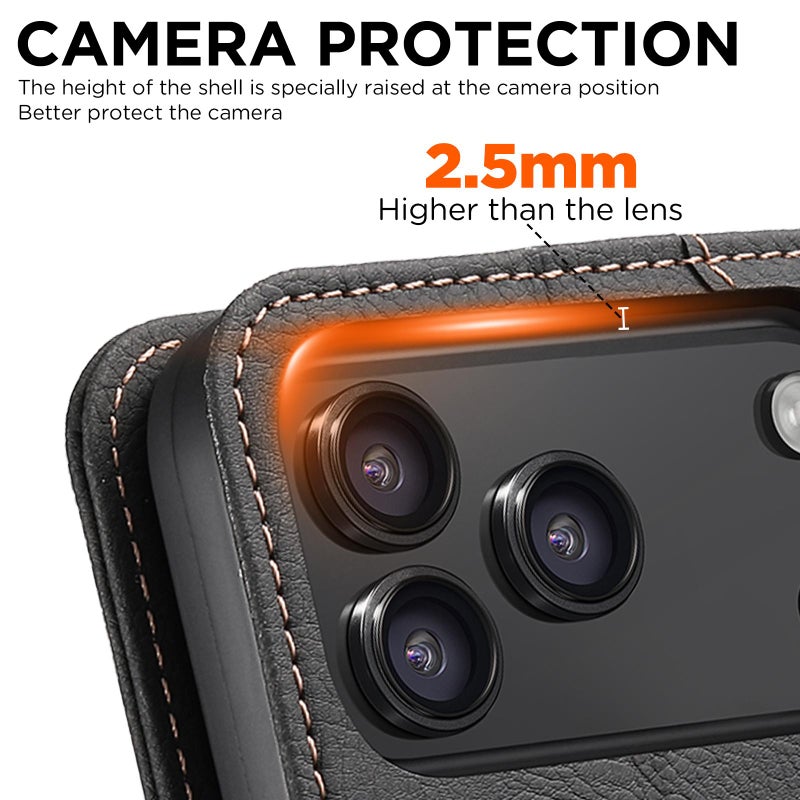 سوتين جراب هاتف جلدي Suteni J07 متعدد الوظائف أفقي قابل للطي Magsafe لهاتف Iphone 17 Pro Max (أسود) - Image 3